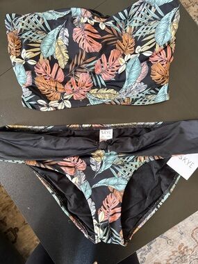 Skye Swimwear Tropical Leaf Bandeau Bikini - Black, Coral, Teal, Yellow